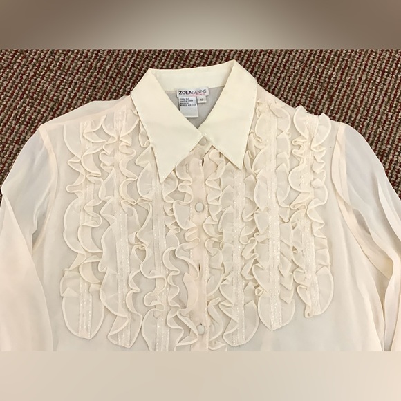 Women's 10 Vtg Ivory Cream 100% Silk Ruffled Bib Zola Evening Top Shirt Blouse - Picture 9 of 16